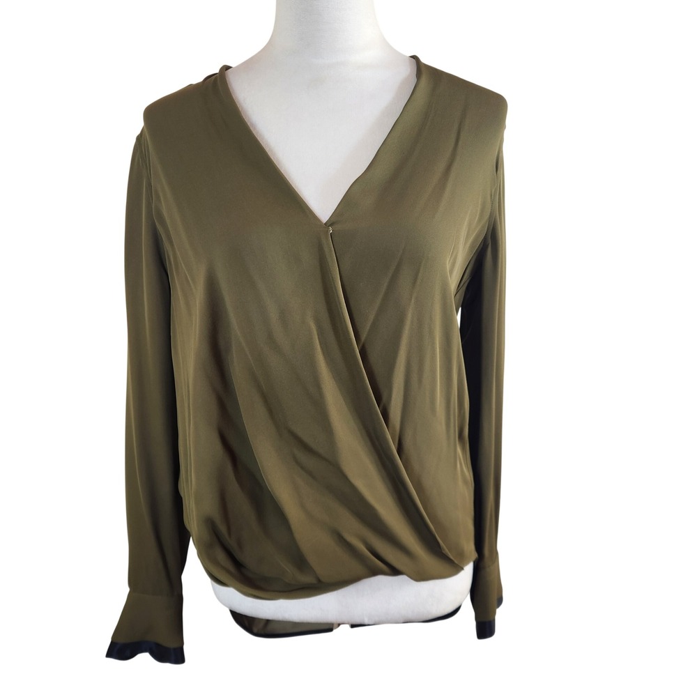 Rag & Bone Olive Green 100% Silk Surplice V-Neck Long Sleeve Blouse XS Career